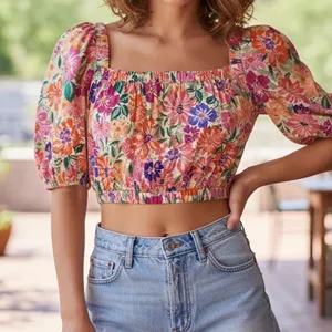 Anthropologie Abel the Label Floral Pink & Cream Puff sleeve crop size small thumbnail 1