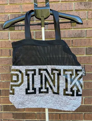 Victoria’s Secret PINK Grey Black Mesh Weekender Tote Shoulder Bag Open Top Gym thumbnail 1