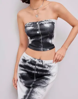 Cider | Black & White Tube Abstract Crop Top & Mid Rise Two-Piece Midi Skirt Set thumbnail 4
