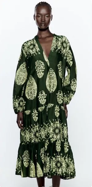 Zara Dark Green Midi Dress with Light Green Botanical Print thumbnail 1