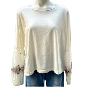 New Cost Plus World Market Cream Blouse Embroidered Sleeves sheer poof Sleeves thumbnail 3