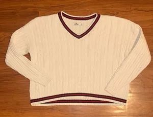 HOLLISTER Cable Knit Varsity‎ V Neck Sweater Cream Navy Red size Small thumbnail 1