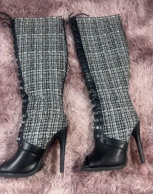 Black and white tweed knee high peep toe boots 7.5 thumbnail 1