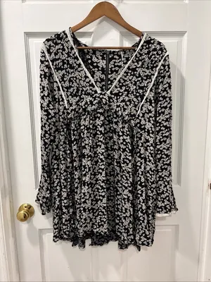 Free People Like You Best Boho Mini Dress Size Medium Black/White Floral Ruffle thumbnail 4