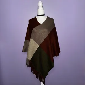 NEW Boutique Color Block Poncho with Fringe thumbnail 2
