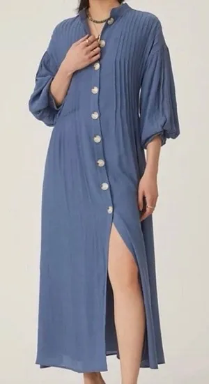 Mare Mare x Anthropologie Size L Button Front Maxi Dress Dusty Blue Pockets thumbnail 1