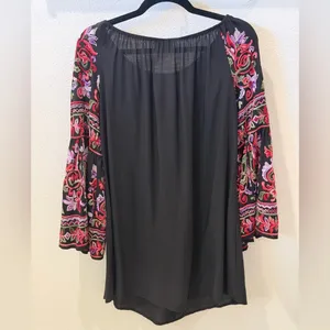 Oso Boho Folk Core Embroidered Bell Sleeve Black Shift Dress M thumbnail 6