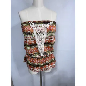 Weavers Boho Crochet Trim Printed Peplum Tube Top Rust‎ Olive Size XL New thumbnail 8