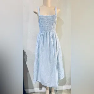 J.Crew Smocked beach dress in linen-cotton blend stripe size S 14” pit to pit stretchy thumbnail 15