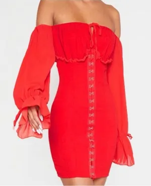 Pretty Little Thing Red Off-the-Shoulder Hook & Eye Mini Bodycon Dress Size 6 thumbnail 1