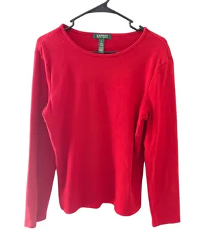 Lauren Ralph Lauren Womens Red‎ Ribbed Long Sl Cotton Preppy Old Money Top Large thumbnail 1