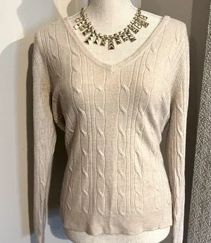 Women’s Beige Cable Knit V Neck Sweater, Preppy Classy, Size Medium thumbnail 1