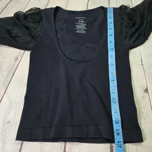 Free People Intimately Lost In Love‎ Seamless Top Black Mesh Puff Sleeve M/L thumbnail 6