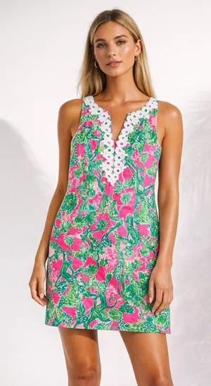 Lilly Pulitzer pink & green “Hanging Around” print shift mini dress lace trim 4 thumbnail 1