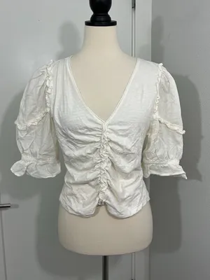 Anthropologie Medium Cream Ruffled Ruched Center V-Neck Blouse thumbnail 6