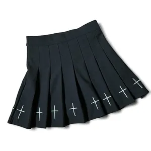 Black‎ Pleated Mini Skirt White Cross Detail Punk Goth Alt Streetwear Size S thumbnail 2