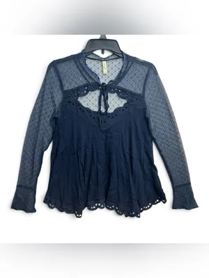 Free People Navy Blue Sheer Lace Eyelet Long Sleeve Boho Blouse Top Size M thumbnail 2