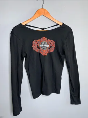 90’s Harley-Davidson Black Long-Sleeve Top with Orange Logo Small thumbnail 2