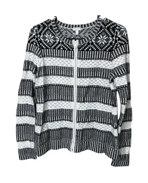 Talbots Cardigan Sweater Womens Small‎ Black White Striped Zip Up Knit thumbnail 1