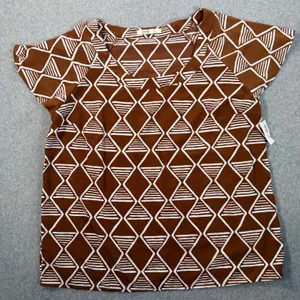 Old Navy Women's Large Brown White Geometric Pattern Short Sleeve Blouse Top thumbnail 1