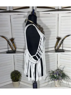 Solitaire white fringes crochet vest top macrame boho fairy festival coastal S thumbnail 3