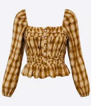 Bohme Brown Beige Plaid Smocked Blouse Size Large NWOT thumbnail 1