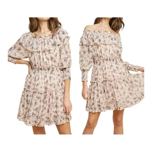 Hayden Los Angeles Floral Ruffle‎ Mini Dress Small Pink Smocked Off Shoulder thumbnail 2
