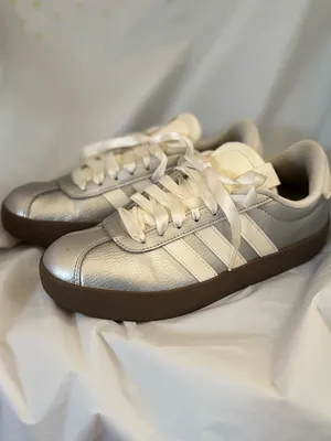 adidas Women’s Silver Metallic Sneakers with White Stripes and Brown Gummy Sole thumbnail 2