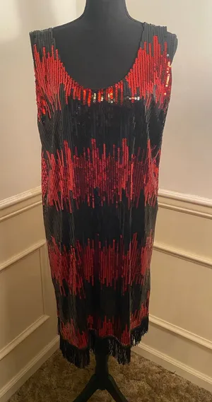 Jerry Beck Red & Black Sequin Flapper Dress Fringe Roaring 1920s Gatsby Costume thumbnail 1