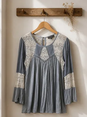 POL Dusty Blue Lace Yoke Peasant Tunic thumbnail 3