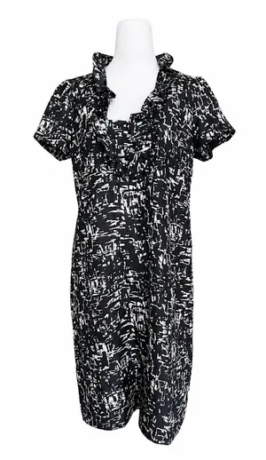J. Crew 100% Silk‎ Abstract Print Ruffle Dress Size 8 Black White Shift thumbnail 1