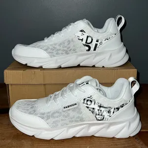 FASHION women’s casual walking shoes black white mesh layer over animal print thumbnail 1