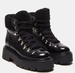 Steve Madden Black Leather Platform Combat Boots Shearling Trim Lug Sole Size 8 thumbnail 1