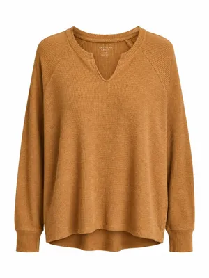 American Eagle Orange Waffle Knit Split Neck Long Sleeve Top Large thumbnail 2