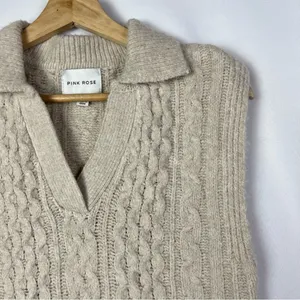 Pink‎ Rose Cream Cable Knit V-Neck Sleeveless Sweater S thumbnail 3