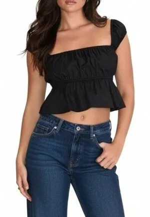 Lulus Black Square Neck Puff Sleeve Cropped Peplum Top Size S NWT‎ thumbnail 1
