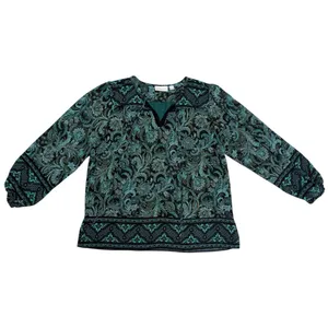 Kim Gravel Belle Black Green Paisley Sheer Sleeve Overlay Split V Neck Tie Top M thumbnail 7