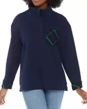 Crown & Ivy Harper‎ Long Sleeve Button Neck Pullover Plaid Pocket Navy Blue XL thumbnail 1