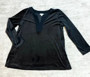 Pure Jill Womens Large Black Velvet Tunic Long Sleeve v-Neck Stretch Work Office thumbnail 1