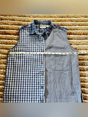 Vintage 100% Cotton Republic Denim Blue Plaid and gingham Button-Up tanktop thumbnail 3