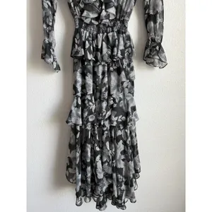 MISA Los Angeles Agnese Ruffle Tiered Midi Dress Chiffon Black Floral Boho XS thumbnail 13