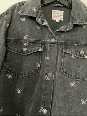 Stoosh Black Denim Shirt Jacket Womens Small Butterfly Print Oversized Button Up Cotton thumbnail 3