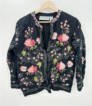 Bedford Fair Womens Black Floral Embroidery Cotton Flax‎ Button Down Jacket L thumbnail 1