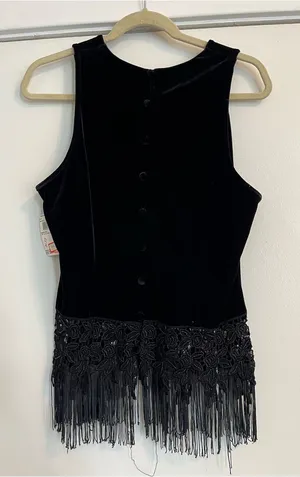 Papell Boutique Black Velvet Evening Top with Lace Trim beaded fringe button 14 thumbnail 1