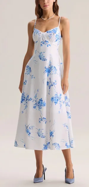 Rihoas Blue Floral Shirred A-Line Slip Maxi Dress thumbnail 1