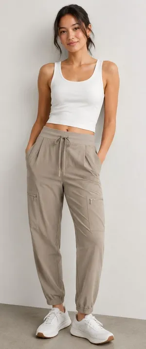 Athleta Go Far Travel Pant Tan Khaki Cargo Jogger Pockets Size 4 RN 54023 thumbnail 1