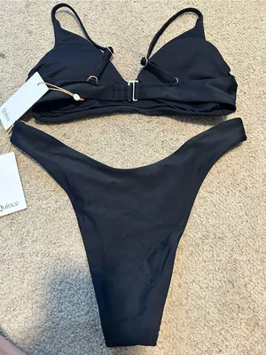 NWT Quince V Neck High Leg Ring bikini set black small thumbnail 4