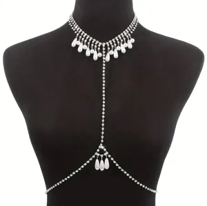 Faux Pearl Tassel Pendant Body Chain Full Of Shiny Rhinestone Body Chain Jewelry thumbnail 8