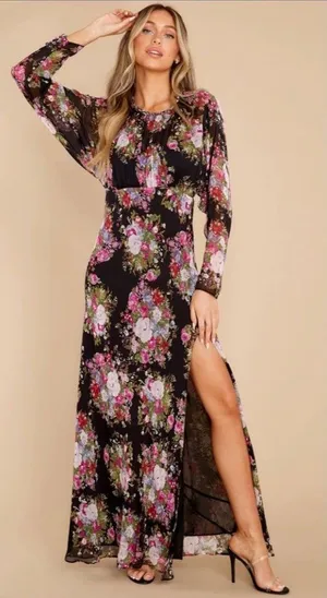 Rent the runway black/pink floral sz 2 long sleeve love shack daya dress maxi thumbnail 1