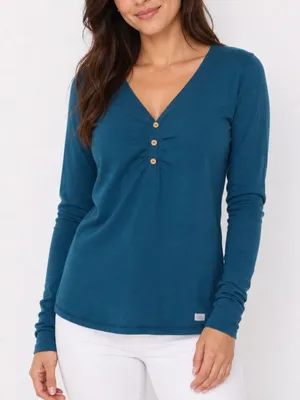 Eastern Mountain Sports Womens Teal Blue V-Neck Henley Long Sleeve Top Size M thumbnail 1